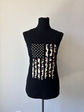Black American flag tank top with leopard print details